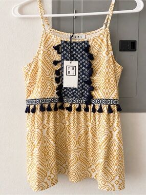 THML Yellow Printed Tank Top with Navy Tassel Trim